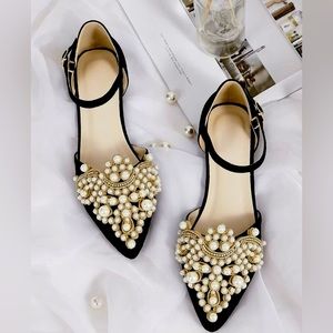 Point Toe Faux Pearl Decor Ankle Strap Flats!
